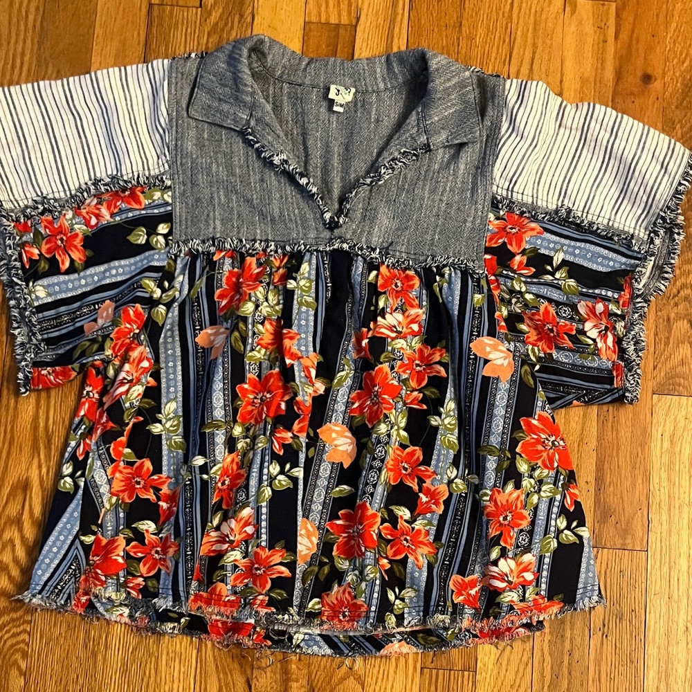 Floral Women’s Shirt with Striped Sleeves- size S